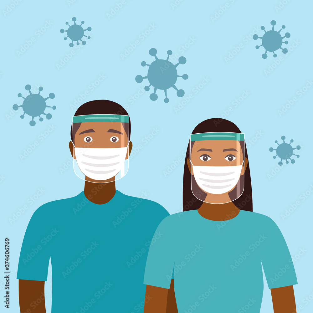 Young black man and woman wearing face mask and a plastic medical face shield. Close up shot African Americans face wearing Covid-19 coronavirus protective mask. Healthcare equipment concept. Young black man and woman wearing face mask and a plastic medical face shield. Close up shot African Americans face wearing Covid-19 coronavirus protective mask. Healthcare equipment concept.
