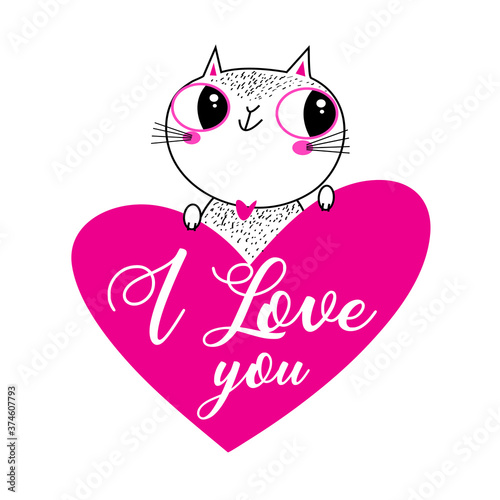 Vector illustration of a lovely cat in love with a heart
