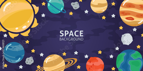 Space horizontal background with rocket, planets, cosmonaut and copy space for your text in cartoon style. Concept banner with the solar system for your design. Vector llustration