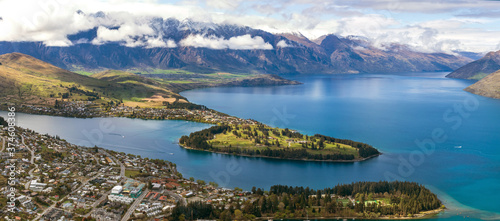 Fototapeta Naklejka Na Ścianę i Meble -  Queenstown and lake Wakatipu aerial view, New Zealand