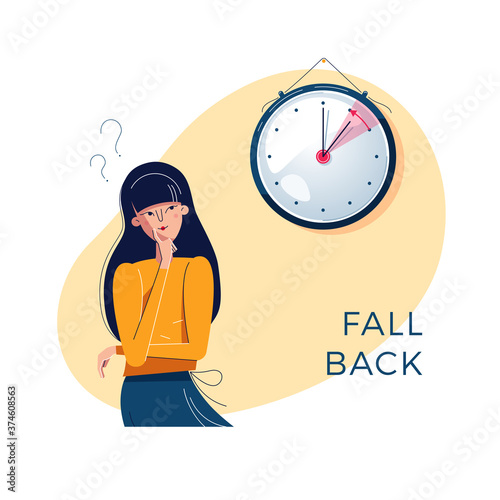 Daylight Saving Time. Confused woman is looking at the clock. Winter time concept. Text fall back. The hand of clock is turning to winter time. Character vector illustration, modern flat style design