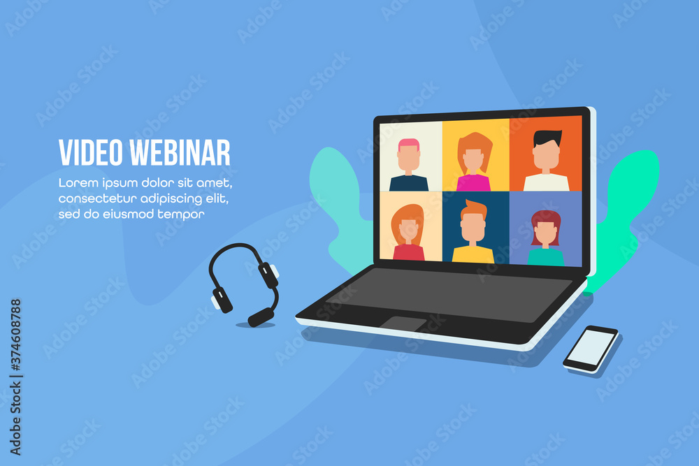 Webinar, online meeting, video conference and group discussion, office work, video call with co-workers and clients. Isometric style laptop screen and online video meeting concept. Web banner template Webinar, online meeting, video conference and group discussion, office work, video call with co-workers and clients. Isometric style laptop screen and online video meeting concept. Web banner template