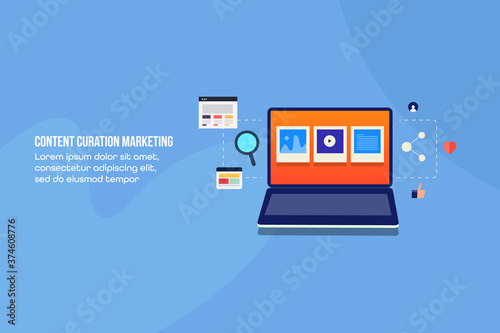 Content curation and content marketing concept.  Finding interesting content online, bookmarking, cloud storage, and share content on social media or privately.  Web banner template with text.