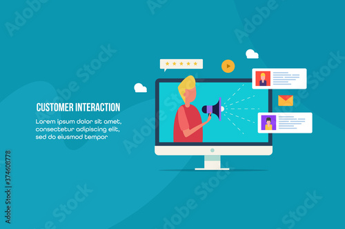 Customer interaction concept. Business communication and customer support. Customer relationship management, product and service offer for customer retention. Web banner template with text. 
