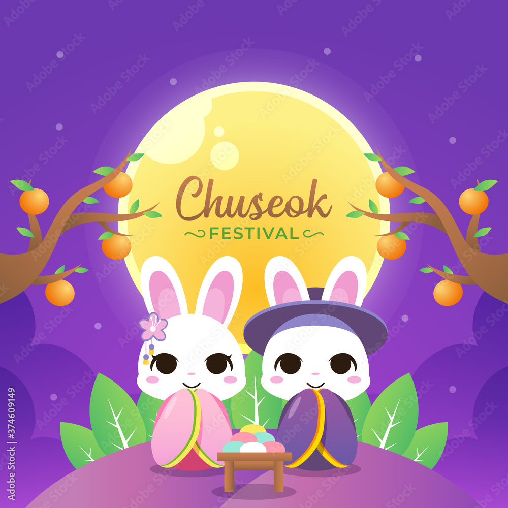 Happy chuseok illustration with couple rabbit