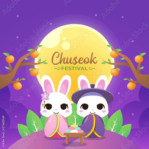 Happy chuseok illustration with couple rabbit