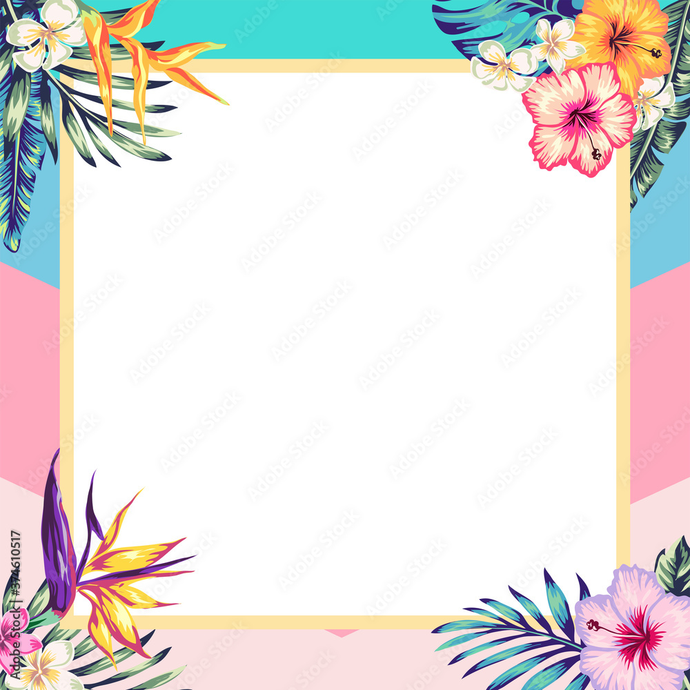 frame of tropical flowers and palm leaves for posts in social networks, Place for photo and text. Editable templates for social media stories. - obrazy, fototapety, plakaty 