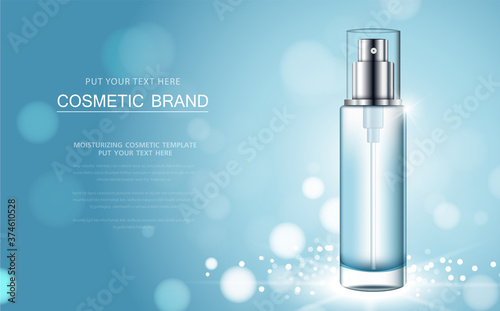 cosmetic product poster, bottle package design with moisturizer cream or liquid, sparkling background with glitter polka.