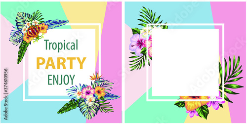 tropical collection with exotic flowers and palm leaves Design, background - design template for poster, banner, post in social network.