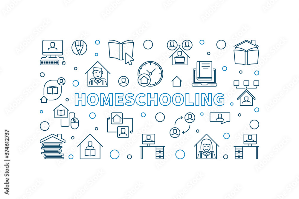 Homeschooling outline vector Education concept minimal horizontal illustration or banner