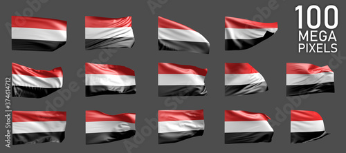 14 various images of Yemen flag isolated on grey background - 3D illustration of object