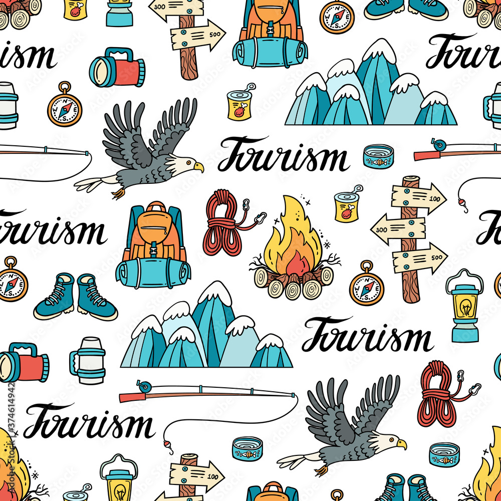 Naklejka premium Vector seamless pattern on the theme of tourism and travel. Cartoon colorful background with camping equipment, wild birds, nature