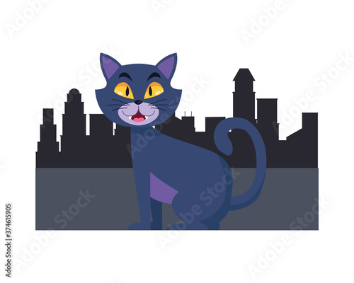 Cute cat cartoon at city vector design