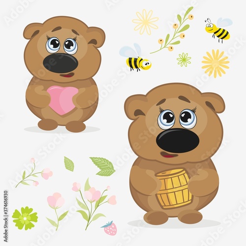 Bear with a barrel of honey and flowers. Vector drawing of a bear cub