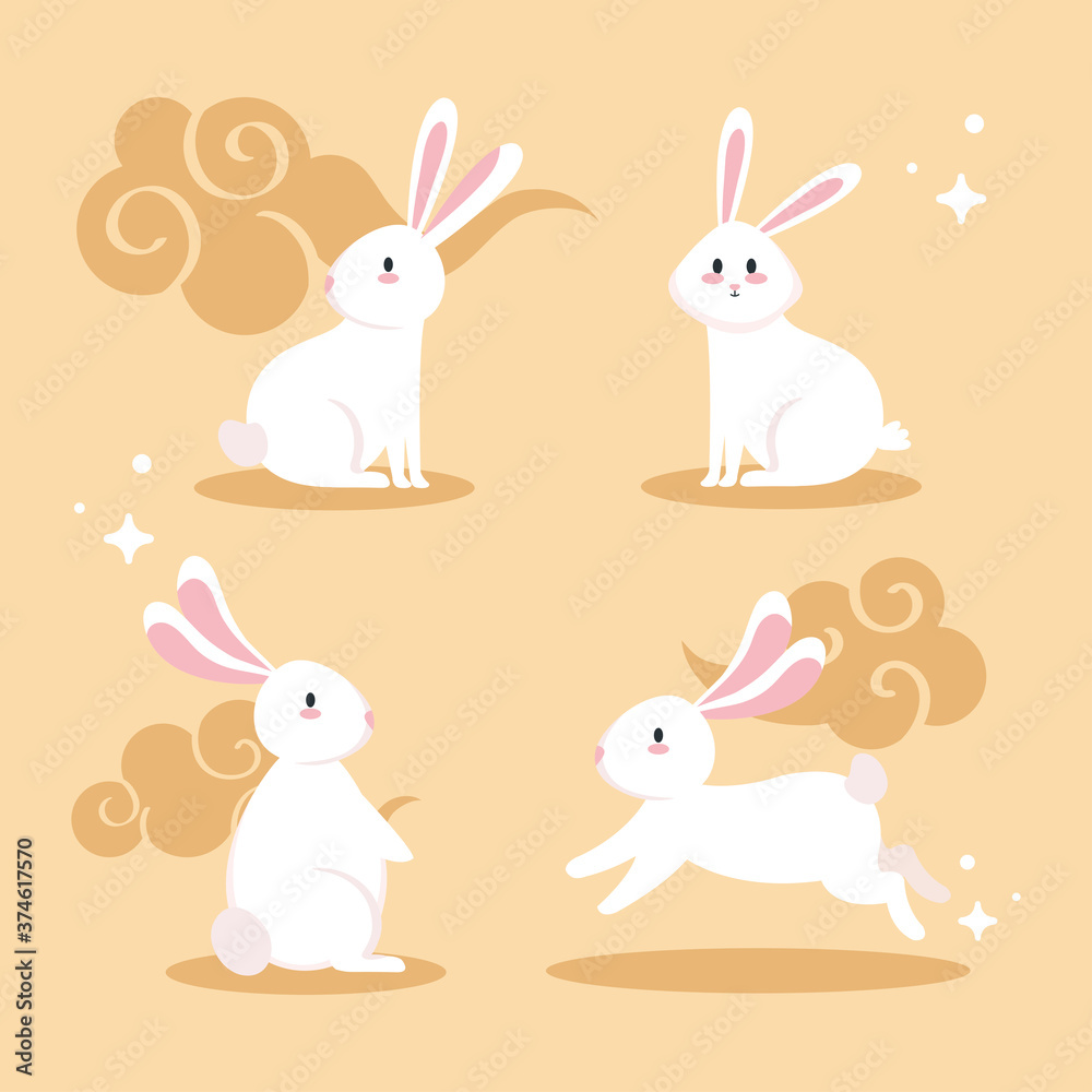 Cute white rabbits cartoons with clouds design, Animal life nature and character theme Vector illustration Cute white rabbits cartoons with clouds design, Animal life nature and character theme Vector illustration