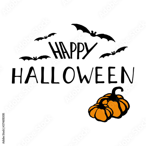 happy halloween lettering hand written with decor on white background
