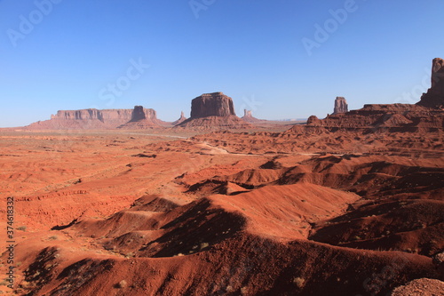 View of the Mittens and Merrick Butte from John Ford's Point overlook in Monument Valley Navajo Tribal Park, Arizona, USA