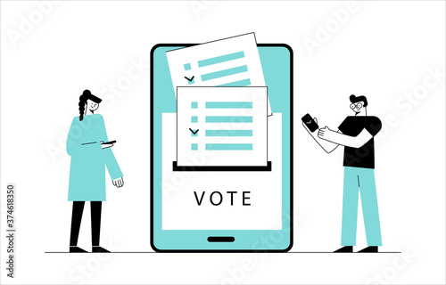 Online voting people with mobile phone concept. Flat vector illustration with tablet screen, voting box and voters. Electronic voting system for election, government rules and public projects