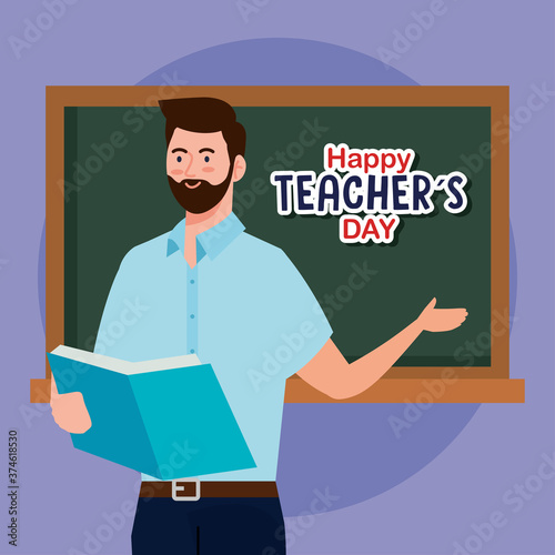 man teacher with book and green board design, Happy teachers day celebration and education theme Vector illustration