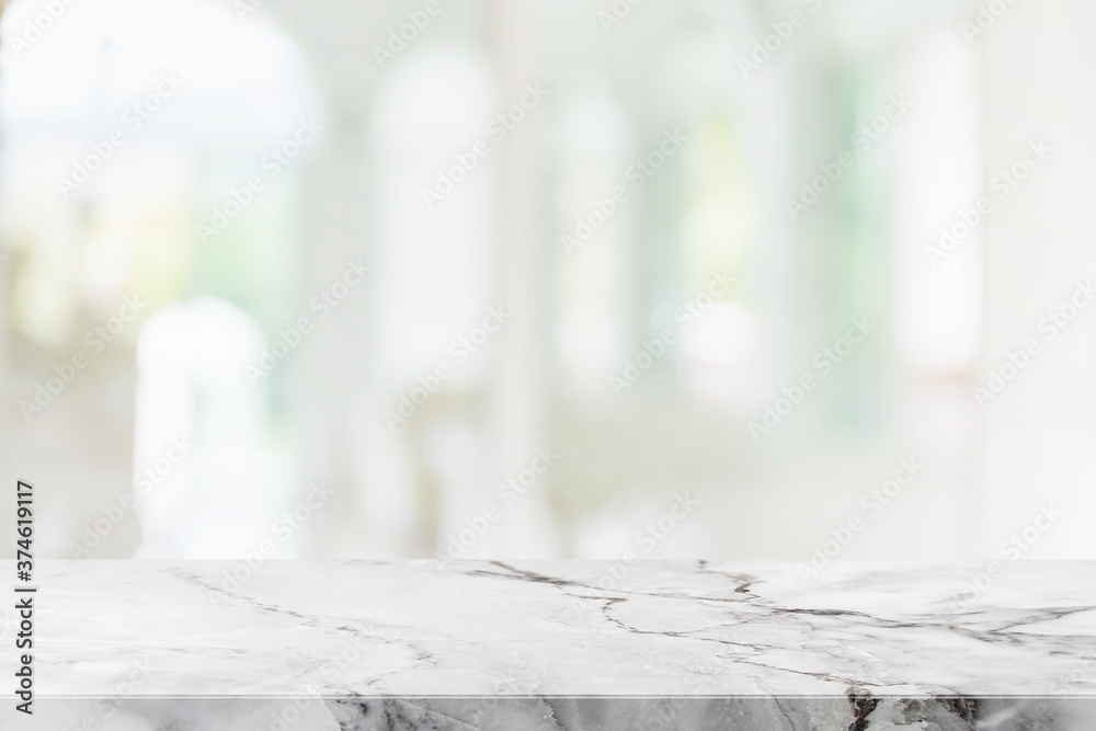 Empty white marble stone table top and blur glass window interior cafe and restaurant banner mock up abstract background - can used for display or montage your products. - obrazy, fototapety, plakaty 