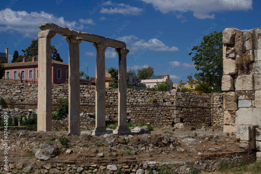 on the site of the ruins of Hadrian library in Athens