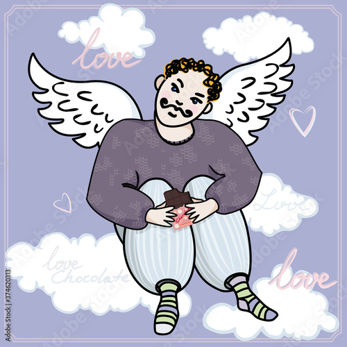 Naive, vintage illustration with an angel. Amour with chocolate sits on the cloud.