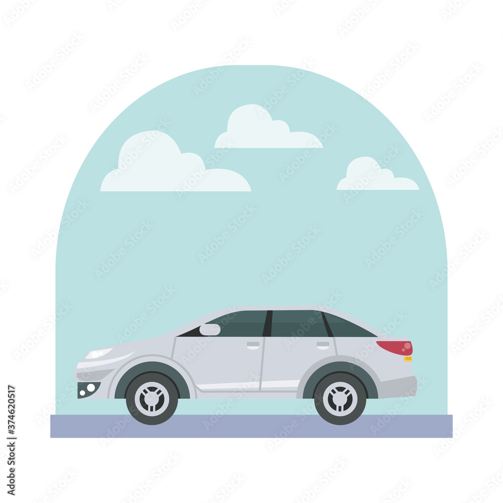 white sedan car at street with clouds vector design