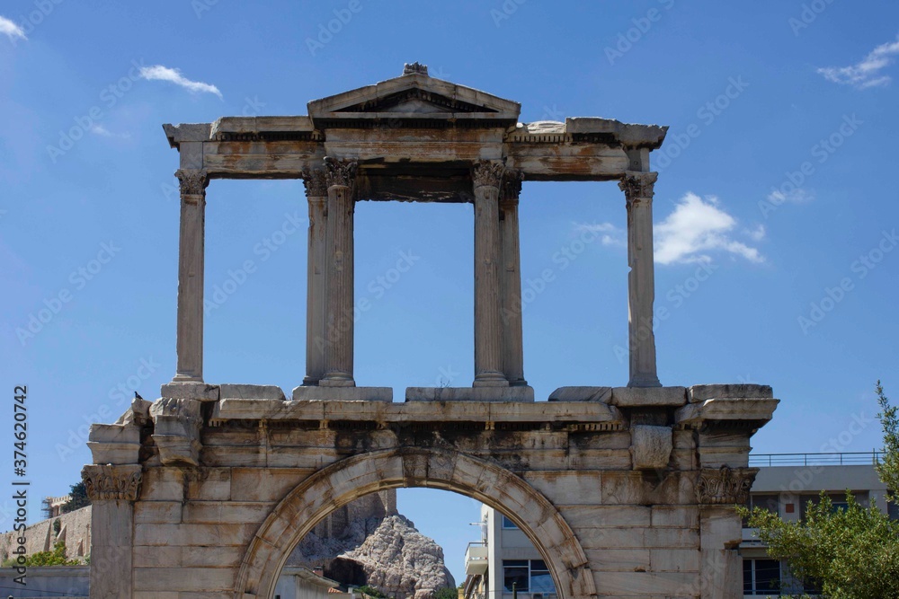 Ruins of the arch of Hadrian in Athens, Greece