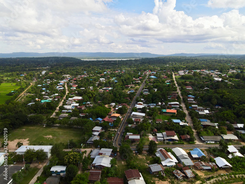 Top view Rural village landscape. at phusing sisaket thailand. photo