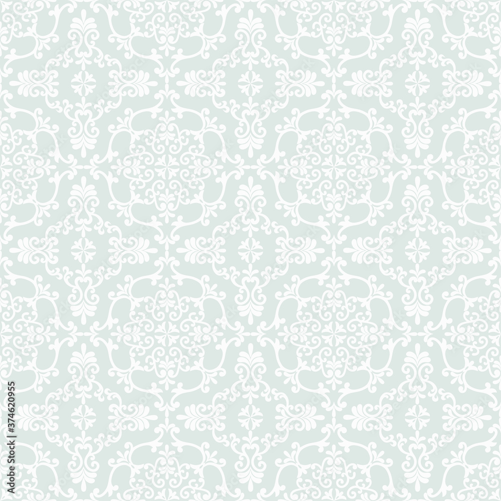Seamless grey background with white pattern in baroque style. Vector retro illustration. Islam, Arabic, Indian, ottoman motifs. Perfect for printing on fabric or paper. Seamless grey background with white pattern in baroque style. Vector retro illustration. Islam, Arabic, Indian, ottoman motifs. Perfect for printing on fabric or paper.