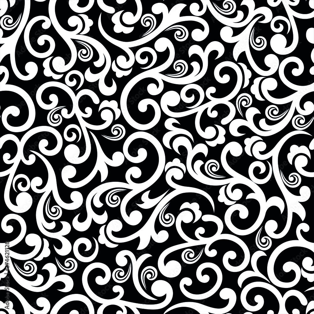 Seamless black background with white pattern in baroque style. Vector retro illustration. Ideal for printing on fabric or paper for wallpapers, textile, wrapping. 