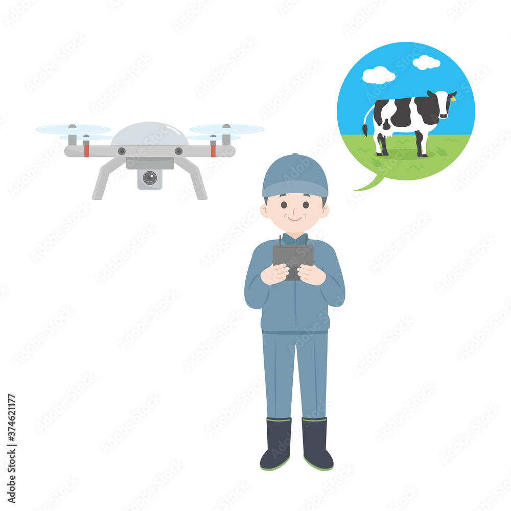 ドローンを操縦する酪農家のイラスト Stock Vector Adobe Stock
