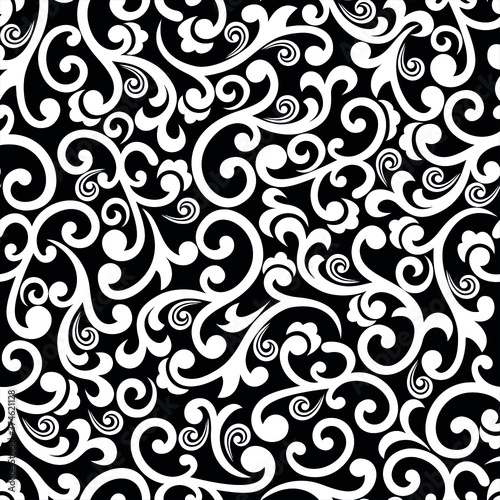 Seamless black background with white pattern in baroque style. Vector retro illustration. Ideal for printing on fabric or paper for wallpapers, textile, wrapping. 
