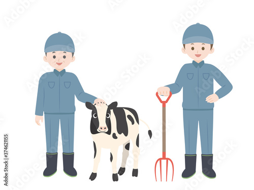 酪農家 男性と子牛のイラスト