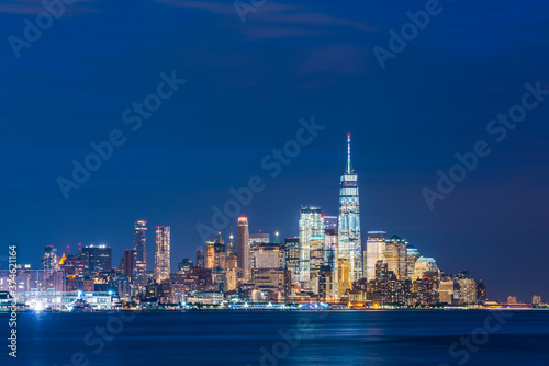 new york,usa, 08-25-17: new york city skyline  at night with reflection in hudson river.