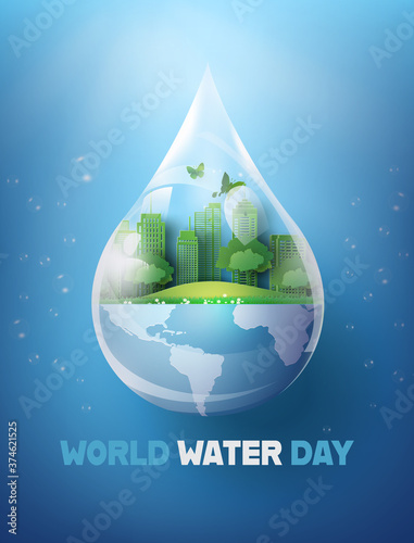 World Water Day Concept with Eco City in Water Drop