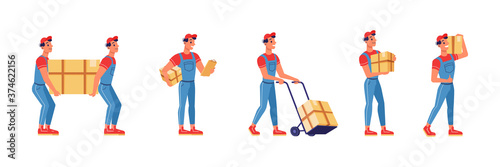 Movers service men and box delivery of home move, vector flat isolated set. Movers hand work carrying boxes, loading and shipping cardboard parcels and packages or goods, home move workers