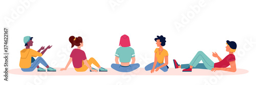 People sitting and talking icons, discuss or conversation with backs or view from behind, vector flat isolated. Group of people men and women, sit or lie on ground looking or watching and talking