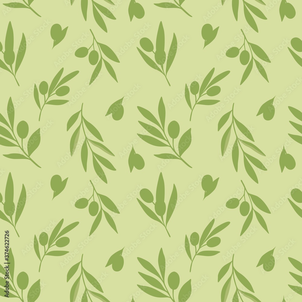 Seamless vector pattern with green silhouettes of olive branches. For textiles, Wallpaper, and packaging.