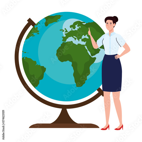 School woman teacher in front of world sphere design, Education class lesson and knowledge theme Vector illustration