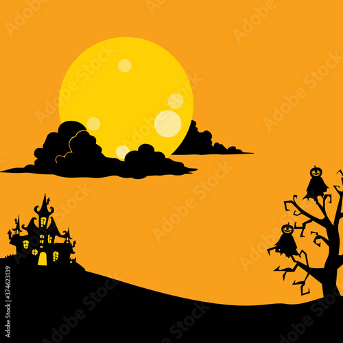 Halloween background with tombstone, pumpkin, haunted house and full moon. Flyer or invitation template for Halloween party. silhouette Vector illustration.