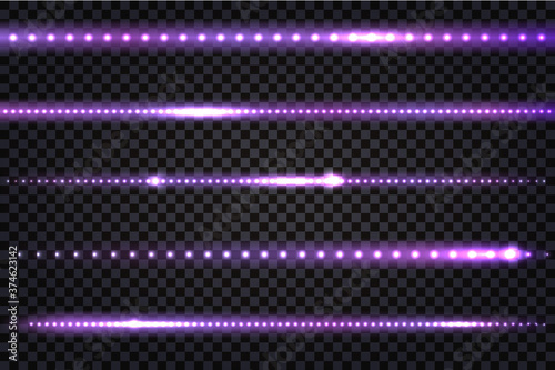 LED light purple  lines with realistic neon glow effect.  Illuminated colorful strips  isolated on transparent background. Vector illustration.