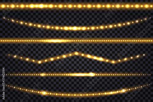 LED light garlands with gold neon glow effect and glitter light  Set of lines, golden illuminated strips and waves,  isolated tapes on transparent background. Vector illustration