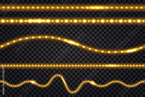 LED light garlands with gold neon glow effect and glitter light  Set of lines, golden illuminated strips and waves,  isolated tapes on transparent background. Vector illustration