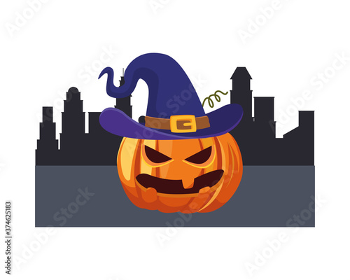 Halloween pumpkin cartoon with hat at cityvector design photo