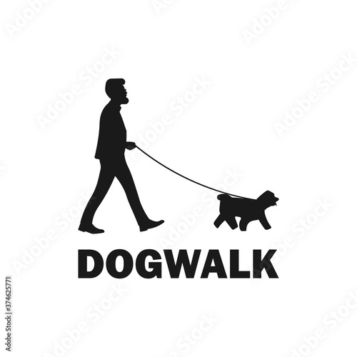 Man walking a dog silhouette. Dog walking concept. Blind man guided by puppy. Pet icon sign or symbol. Dog on leash logo. Guy with companion friend - Vector illustration.