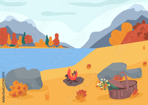 Autumn nature flat color vector illustration. Picnic near lake. Holiday recreation with camping. Hiking in woods. Set bonfire to relax. Fall 2D cartoon landscape with mountains on background