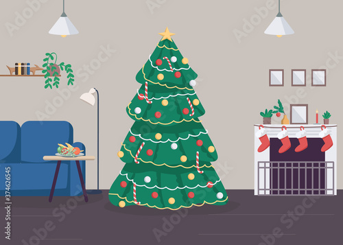 Christmas at home flat color vector illustration. New Year celebration at household. Traditional family holiday. Christmas tree 2D cartoon object with house festive decoration on background