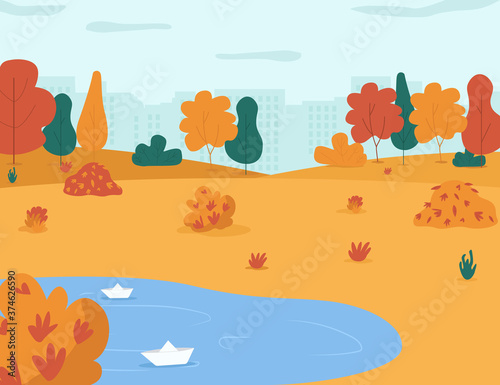 Autumn park semi flat vector illustration. City garden with rain puddles for children to play. Town center with trees and leaf piles. Fall seasonal 2D cartoon landscape for commercial use