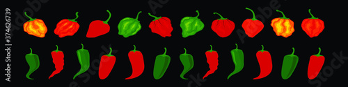 set of habanero chili peppers cartoon icon design template with various models. vector illustration
